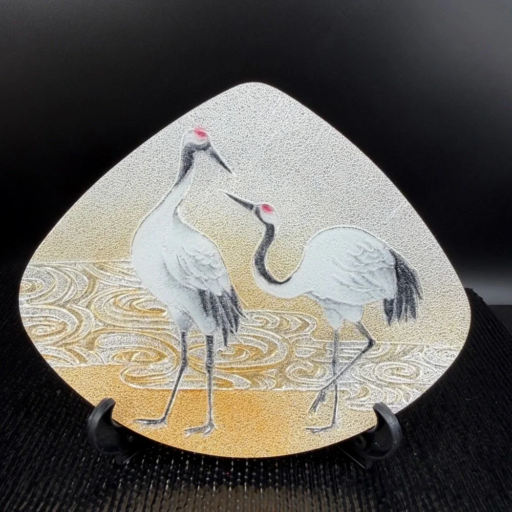 Ando Cloisonne Japanese Enamel Fan Plate Red Crowned‎ Cranes Silver Gold w Stand